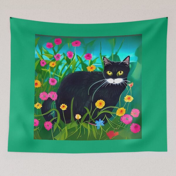 Item preview, Black Cat in a Colorful Flower Garden designed and sold by Marymarice.