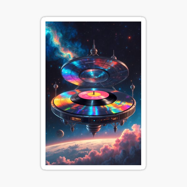 Item preview, Futuristic spaceship with a colorful record player in a cosmic landscape illuminated by vibrant starlight designed and sold by Anna-Klim-art.