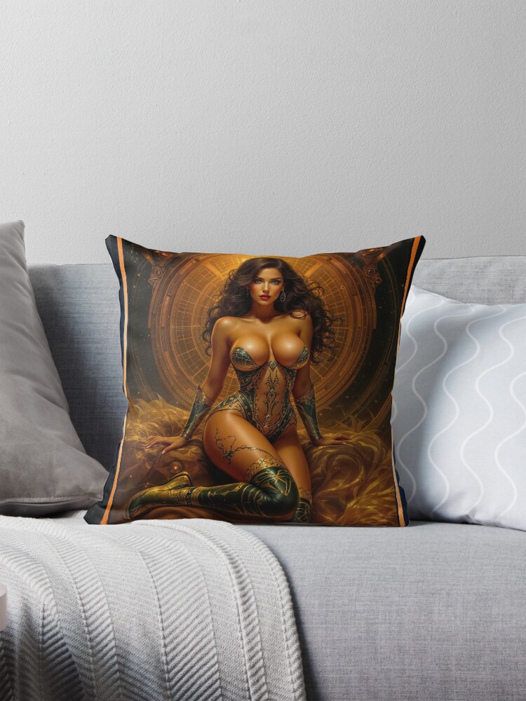 Golden Metalwork Portraiture Of The Radiant Relia Volterra AI Concept Art by Xzendor7 | A Golden Beauty 4 Golden Metalwork Portraiture Of The Radiant Relia Volterra Striking AI Concept Art by Xzendor7 Decorative Art Print Throw Pillow