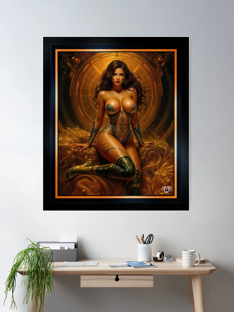 Golden Metalwork Portraiture Of The Radiant Relia Volterra AI Concept Art by Xzendor7 | A Golden Beauty 2 Golden Metalwork Portraiture Of The Radiant Relia Volterra Striking AI Concept Art by Xzendor7 Room Decor Poster Art Print