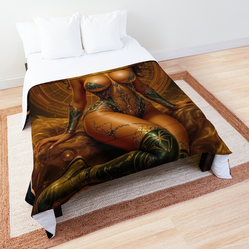 Golden Metalwork Portraiture Of The Radiant Relia Volterra AI Concept Art by Xzendor7 | A Golden Beauty 3 Golden Metalwork Portraiture Of The Radiant Relia Volterra Striking AI Concept Art by Xzendor7 Decorative Art Print Comforter