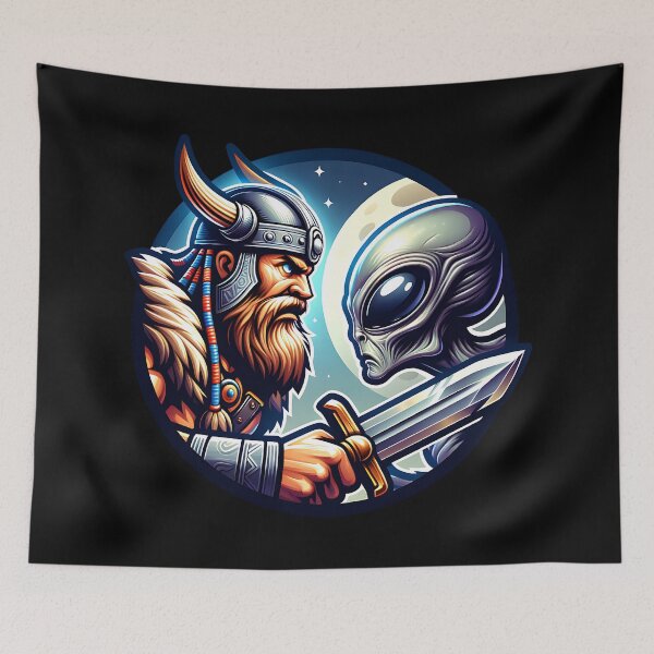 Item preview, A Viking and an alien face each other in battle designed and sold by ReneMM.
