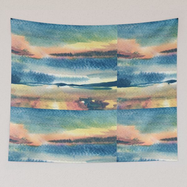 Artikelvorschau, Wunderschöner Sonnenuntergang über dem Wasser Aquarell Landschaft III entworfen und verkauft von Irina Sztukowski.