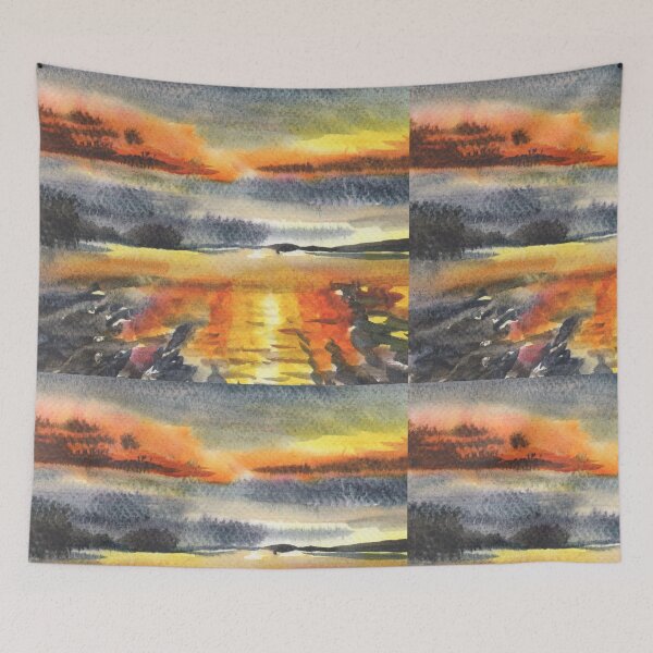 Artikelvorschau, Wunderschöner Sonnenuntergang über dem Wasser Aquarell Landschaft IV entworfen und verkauft von Irina Sztukowski.