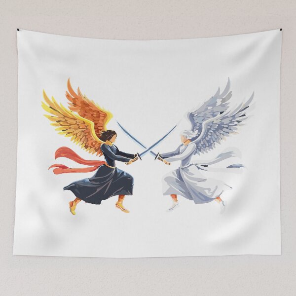 Item preview, Two Angel with large sword with open wings, Duel between two angels, white and black,  one is an angel of light and the other is an angel of darkness designed and sold by Danler.