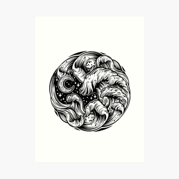 Hand drawn water waves in the sea line art drawing. Art Print