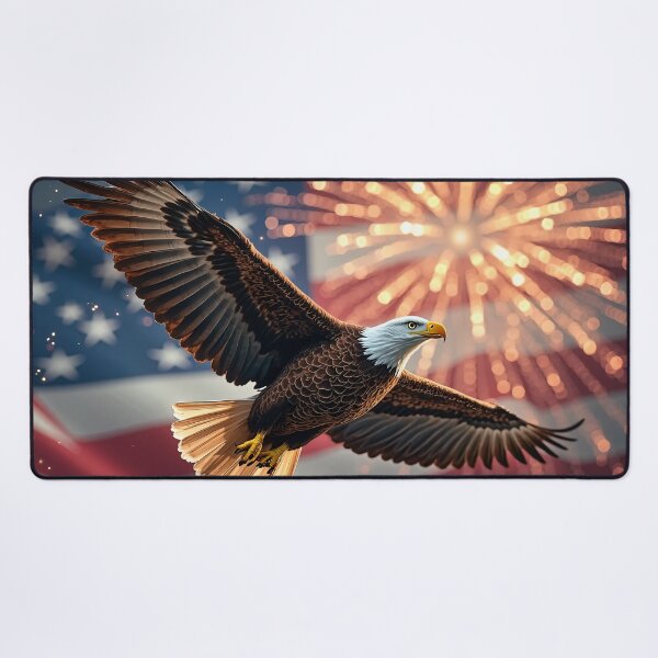 Item preview, Bald Eagle Soaring Over Exploding Fireworks & American Flag – Ultimate 4th of July Patriotic Art designed and sold by WelSol.