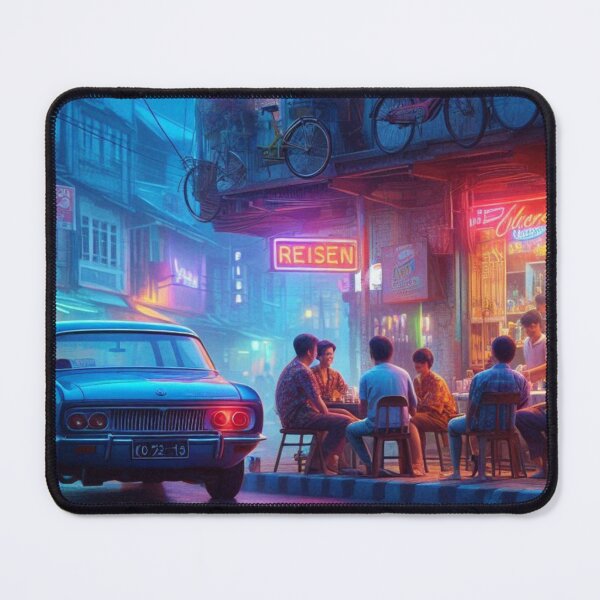 Item preview, Retro 1970s Tripoli – AI Artwork Colorful Streetside Café Scene for City Lovers, Travelers, and Vintage Enthusiasts designed and sold by knalpot-design.