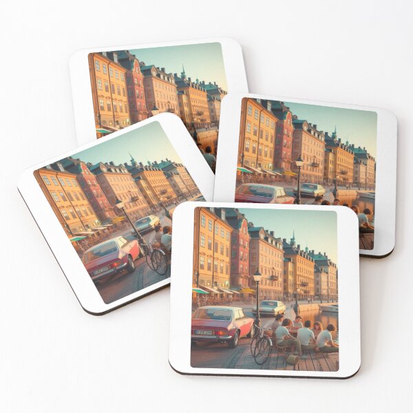 Item preview, Retro 1970s Stockholm – AI Artwork Colorful Streetside Café Scene for City Lovers, Travelers, and Vintage Enthusiasts designed and sold by knalpot-design.