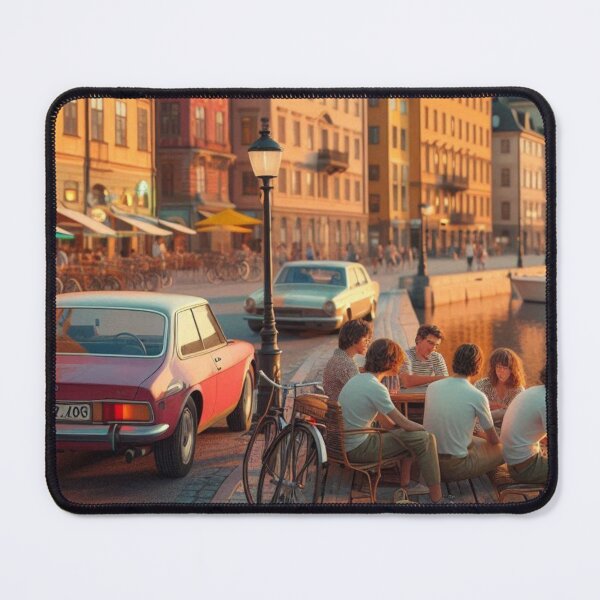Item preview, Retro 1970s Stockholm – AI Artwork Colorful Streetside Café Scene for City Lovers, Travelers, and Vintage Enthusiasts designed and sold by knalpot-design.