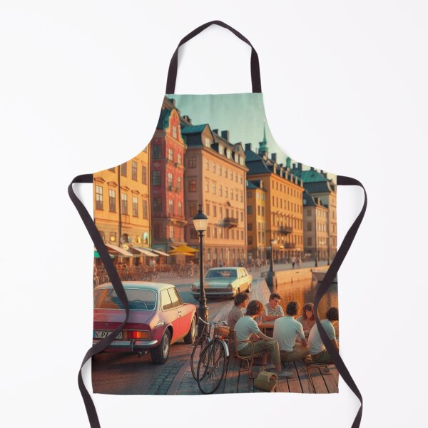 Item preview, Retro 1970s Stockholm – AI Artwork Colorful Streetside Café Scene for City Lovers, Travelers, and Vintage Enthusiasts designed and sold by knalpot-design.