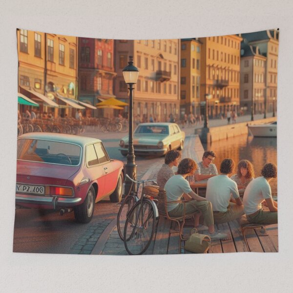Item preview, Retro 1970s Stockholm – AI Artwork Colorful Streetside Café Scene for City Lovers, Travelers, and Vintage Enthusiasts designed and sold by knalpot-design.