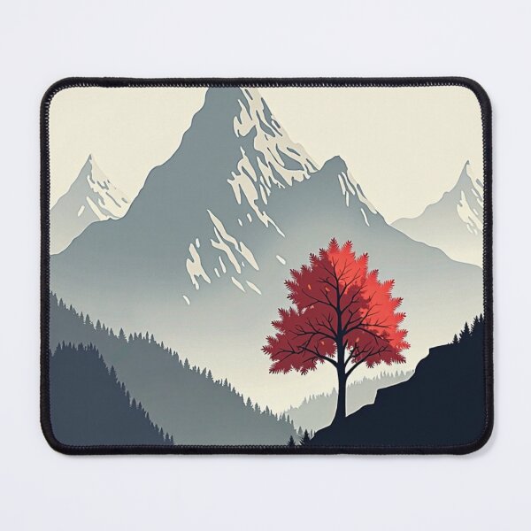 Artikelvorschau, Solitary Flame – Minimalistische Berglandschaft mit rotem Baum entworfen und verkauft von Moodcraft Studio.