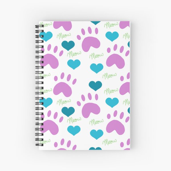 Cat Paw Prints, Hearts, Meow Pattern Pink Teal Green Spiral Notebook