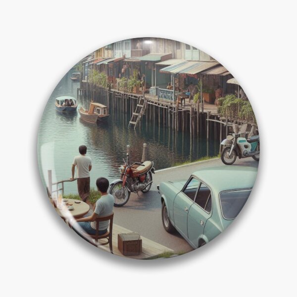 Item preview, Retro 1970s Bandar Seri Begawan – AI Artwork Colorful Roadside Café Scene for City Lovers, Travelers, and Vintage Fans designed and sold by knalpot-design.