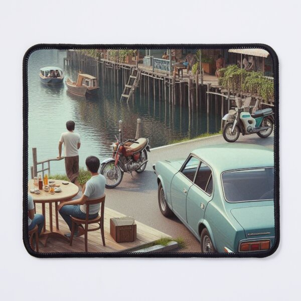 Item preview, Retro 1970s Bandar Seri Begawan – AI Artwork Colorful Roadside Café Scene for City Lovers, Travelers, and Vintage Fans designed and sold by knalpot-design.