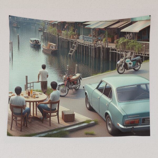 Item preview, Retro 1970s Bandar Seri Begawan – AI Artwork Colorful Roadside Café Scene for City Lovers, Travelers, and Vintage Fans designed and sold by knalpot-design.