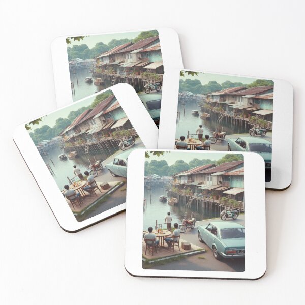 Item preview, Retro 1970s Bandar Seri Begawan – AI Artwork Colorful Roadside Café Scene for City Lovers, Travelers, and Vintage Fans designed and sold by knalpot-design.
