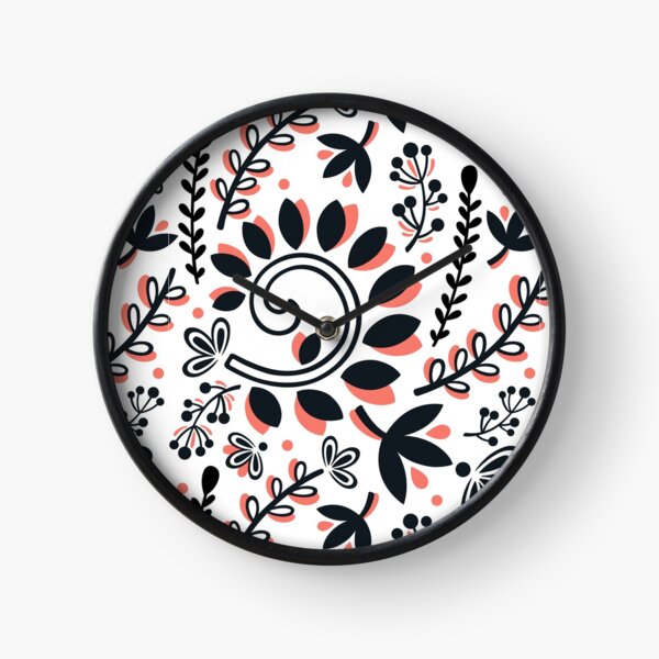 Vine and Leaf Motif Pattern (Black and Coral) Clock
