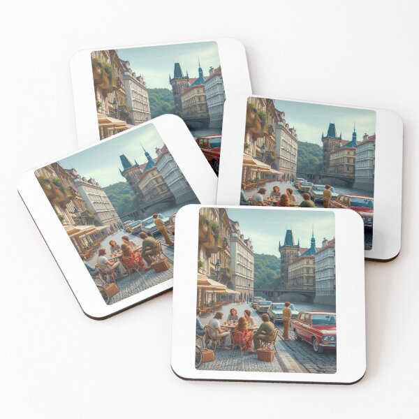 Item preview, Retro 1970s Prague – AI Artwork Colorful Street Café Scene for City Lovers, Travelers, and Vintage Enthusiasts designed and sold by knalpot-design.