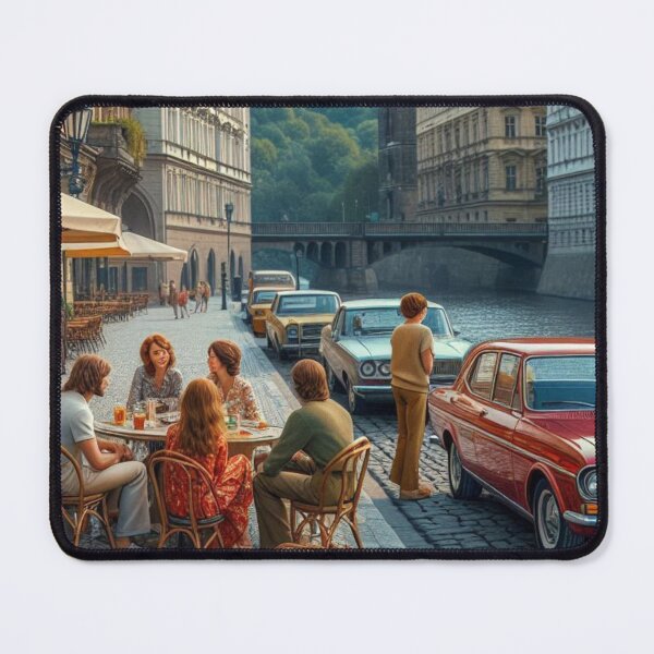 Item preview, Retro 1970s Prague – AI Artwork Colorful Street Café Scene for City Lovers, Travelers, and Vintage Enthusiasts designed and sold by knalpot-design.