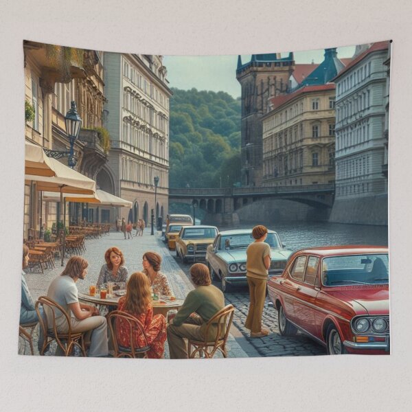Item preview, Retro 1970s Prague – AI Artwork Colorful Street Café Scene for City Lovers, Travelers, and Vintage Enthusiasts designed and sold by knalpot-design.
