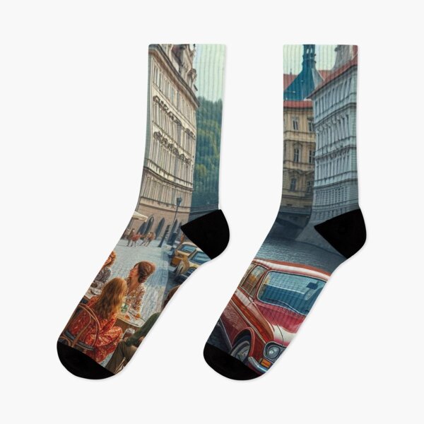 Item preview, Retro 1970s Prague – AI Artwork Colorful Street Café Scene for City Lovers, Travelers, and Vintage Enthusiasts designed and sold by knalpot-design.