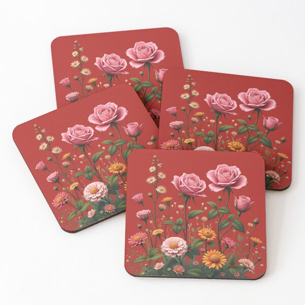 Item preview, Wildflowers and 3 Pink Roses to the Right - Candy Apple Red Background #5013CRD designed and sold by Wildflower Rose.