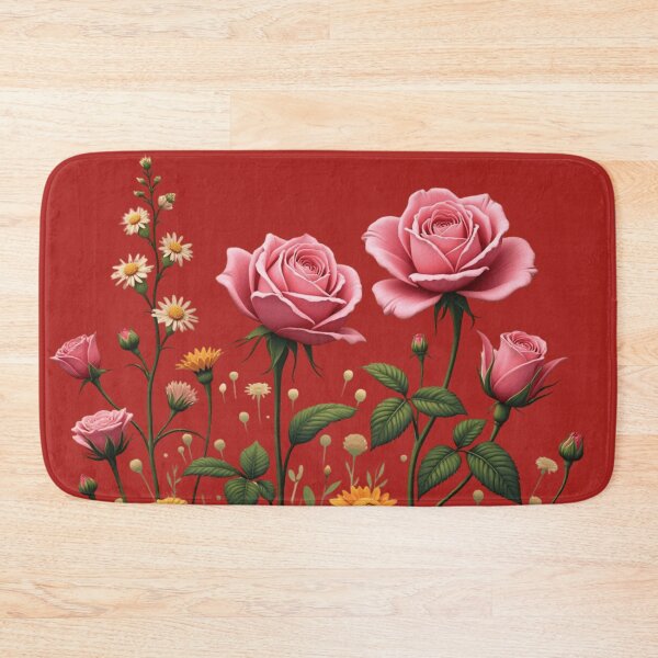 Item preview, Wildflowers and 3 Pink Roses to the Right - Candy Apple Red Background #5013CRD designed and sold by Wildflower Rose.