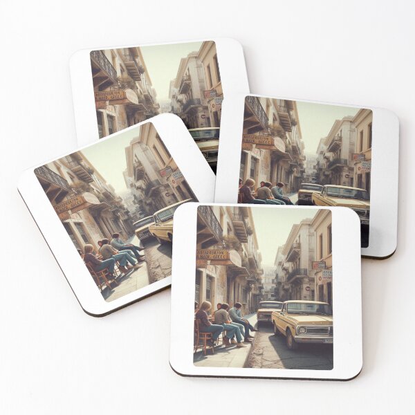 Item preview, Retro 1970s Athens – AI Artwork Colorful Streetside Café Scene for City Lovers, Travelers, and Vintage Enthusiasts designed and sold by knalpot-design.