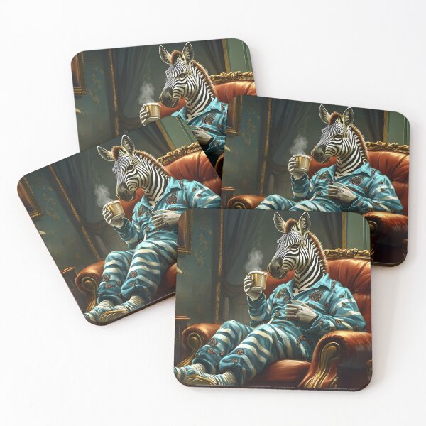 Item preview, Zebra in pajamas sipping coffee in luxurious setting designed and sold by Artessie.