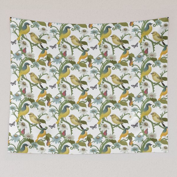 Item preview, Yellow Wagtails & Wildflowers on white designed and sold by phatlizzardart.