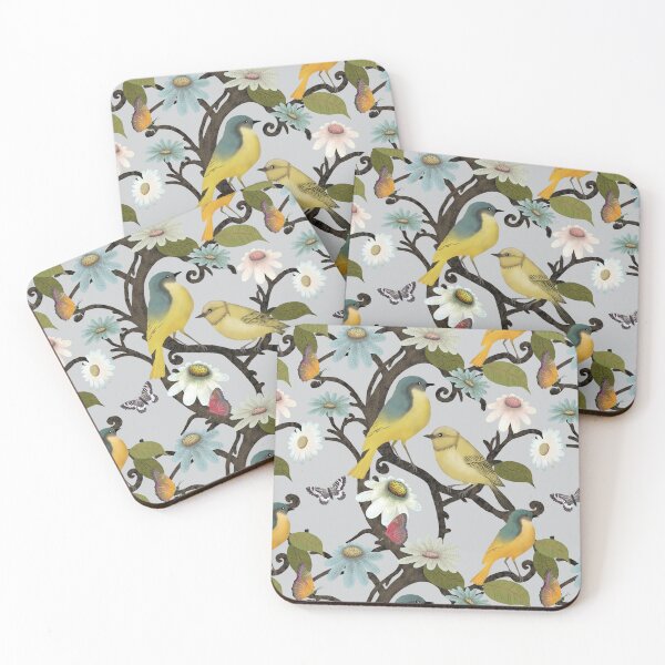 Item preview, Yellow Wagtails & Wildflowers on soft grey designed and sold by phatlizzardart.