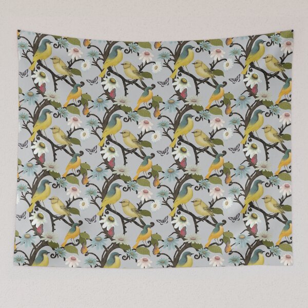 Item preview, Yellow Wagtails & Wildflowers on soft grey designed and sold by phatlizzardart.