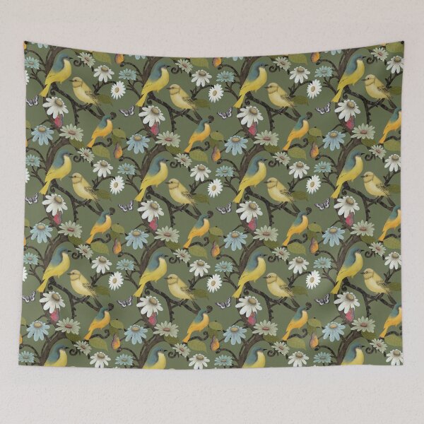 Item preview, Yellow Wagtails & Wildflowers on green designed and sold by phatlizzardart.