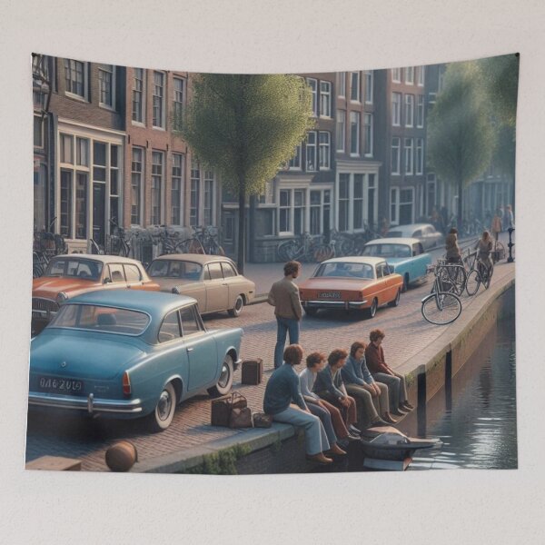 Item preview, Retro 1970s Amsterdam – AI Artwork Colorful Streetside Café Scene for City Lovers, Travelers, and Vintage Enthusiasts designed and sold by knalpot-design.