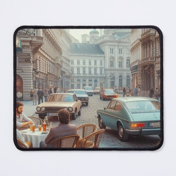 Item preview, Retro 1970s Vienna – AI Artwork Colorful Streetside Café Scene for City Lovers, Travelers, and Vintage Enthusiasts designed and sold by knalpot-design.