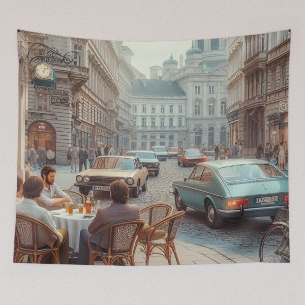 Item preview, Retro 1970s Vienna – AI Artwork Colorful Streetside Café Scene for City Lovers, Travelers, and Vintage Enthusiasts designed and sold by knalpot-design.