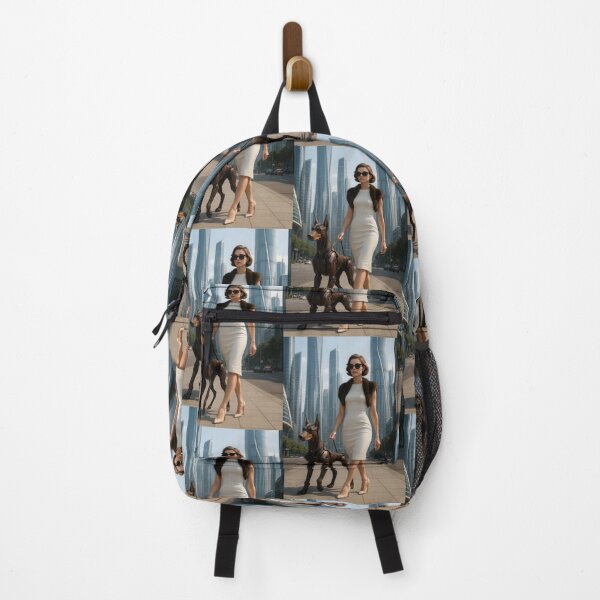 Item preview, Woman walking robotic dog in futuristic city landscape designed and sold by CreativeLarysa.