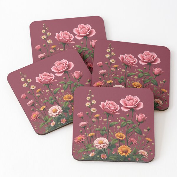 Item preview, Wildflowers and 3 Pink Roses to the Right - Deep Burgundy Background #5013DBD designed and sold by Wildflower Rose.