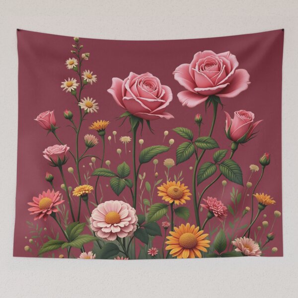 Item preview, Wildflowers and 3 Pink Roses to the Right - Deep Burgundy Background #5013DBD designed and sold by Wildflower Rose.