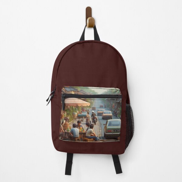Item preview, Retro 1970s Tangerang – AI Artwork Colorful Roadside Café Scene for City Lovers, Travelers, and Vintage Enthusiasts designed and sold by knalpot-design.