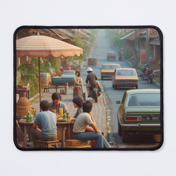 Item preview, Retro 1970s Tangerang – AI Artwork Colorful Roadside Café Scene for City Lovers, Travelers, and Vintage Enthusiasts designed and sold by knalpot-design.