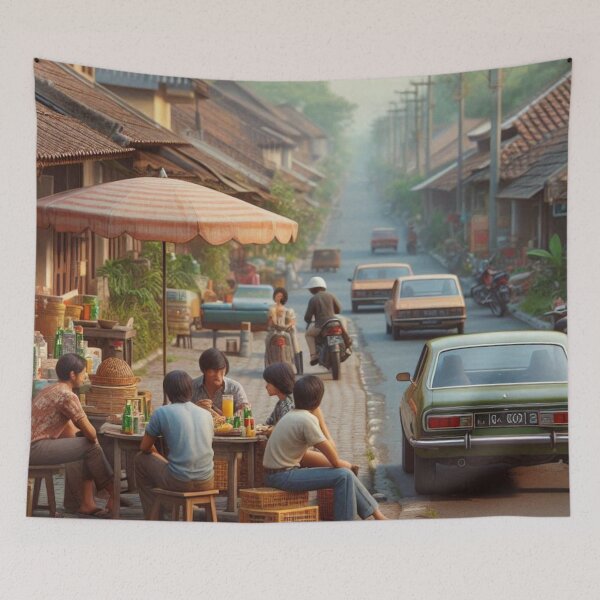 Item preview, Retro 1970s Tangerang – AI Artwork Colorful Roadside Café Scene for City Lovers, Travelers, and Vintage Enthusiasts designed and sold by knalpot-design.
