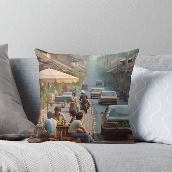 Item preview, Retro 1970s Tangerang – AI Artwork Colorful Roadside Café Scene for City Lovers, Travelers, and Vintage Enthusiasts designed and sold by knalpot-design.