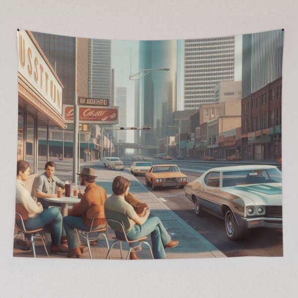 Item preview, Retro 1970s Houston – AI Artwork Colorful Roadside Café Scene for City Lovers, Travelers, and Vintage Enthusiasts designed and sold by knalpot-design.