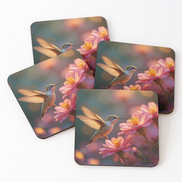 Item preview, hummingbird hovers delicately near vibrant pink flowers designed and sold by InezPhotography.