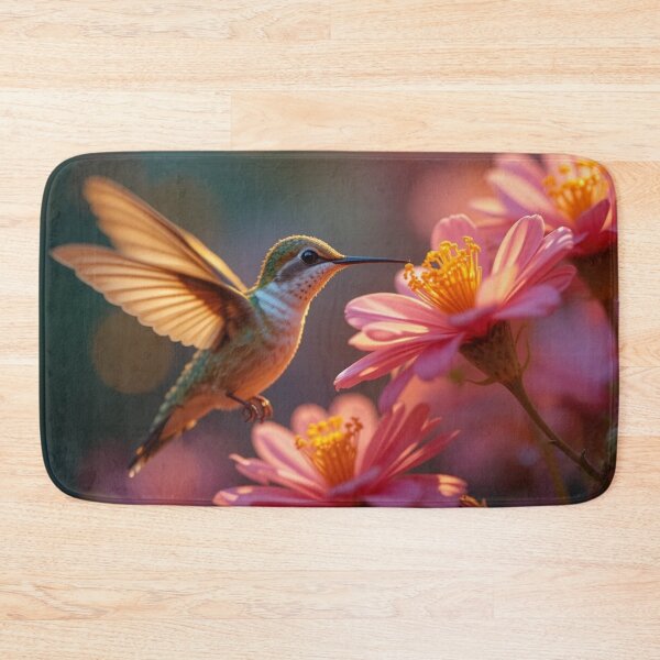 Item preview, hummingbird hovers delicately near vibrant pink flowers designed and sold by InezPhotography.