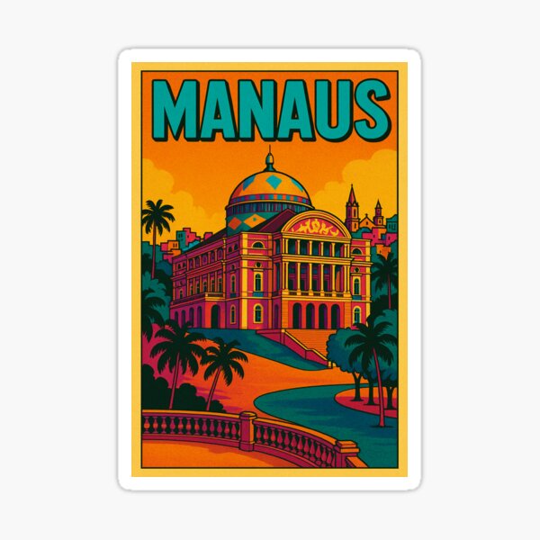 Aperçu de l'œuvre Pop Art rétro de Manaus | Paysage urbain audacieux et coloré | Monuments emblématiques au style Pop Art | Design amazonien dynamique | Expression urbaine artistique de Manaus créée et vendue par PaintedPixels01.