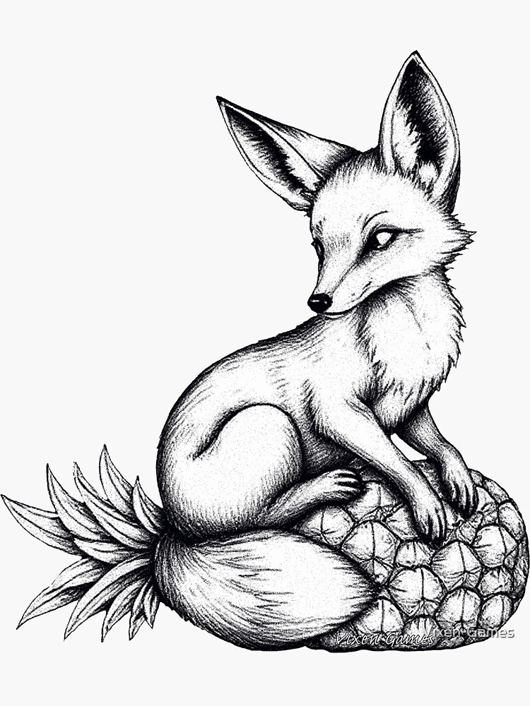 Thumbnail 3 of 3, Sticker, Vixen on a pineapple Pen and Ink drawing. designed and sold by Vixen-Games.